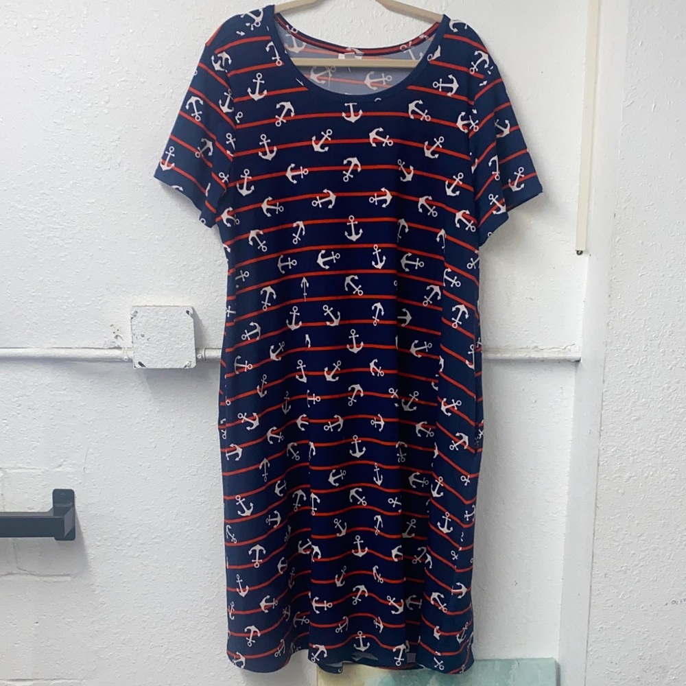 LuLaRoe Navy Dress with White Anchors and Red Stripes